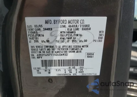 2005 Mercury Mariner из США, поврежденный, VIN 4M2YU57115DJ26932